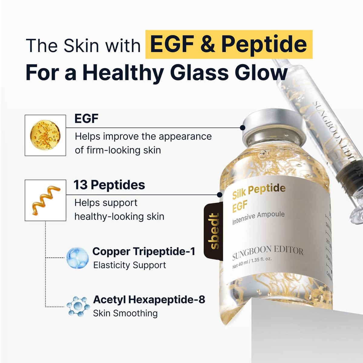 SUNGBOON EDITOR Glow Intensive Silk Peptide EGF Ampoule - Copper Peptides Serum with Collagen & Multi Peptides for Hydrated, Smooth-Looking Skin, 1.35 fl oz Avelisse