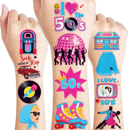 96 PCS 1950s Retro Theme Pre-Cut Temporary Tattoos for Kids - Super Cute Birthday Party Favors, Supplies, Decorations, School Prizes, Gifts for Boys & Girls