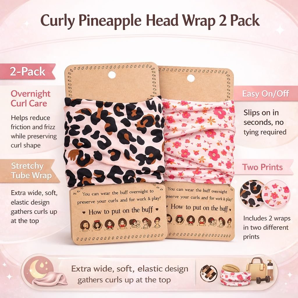 Aisikoo 2 Pack Curly Pineapple Head Wrap for Curly Hair - Pineapple Headband Hair Wrap for Sleeping - Pineapple Bonnet Scarf (Pink Leopard Print And Pink Floral) Avelisse