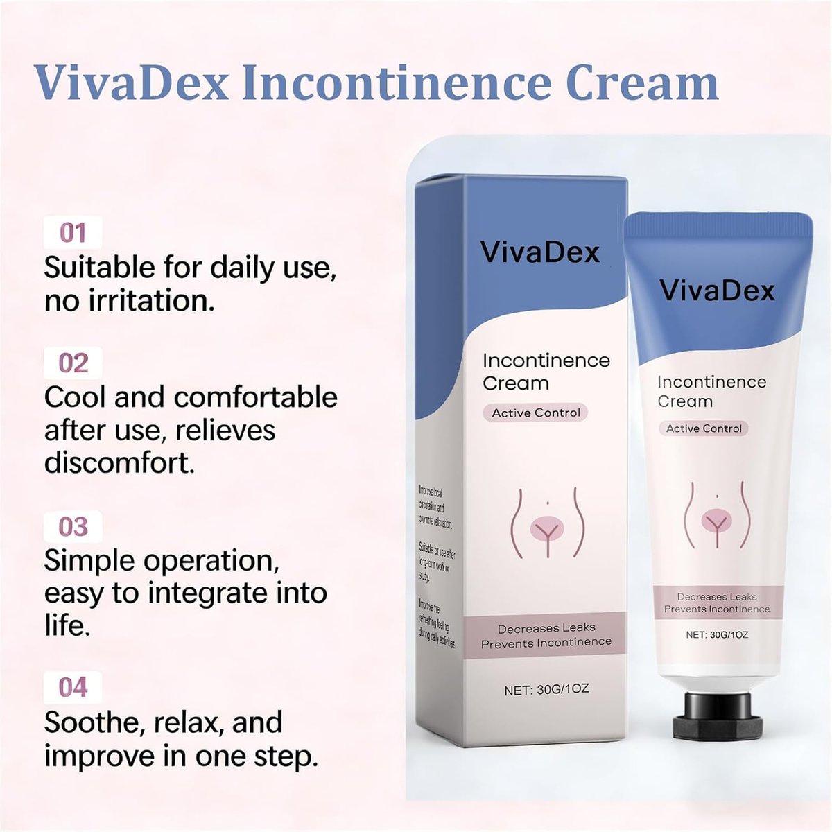 VivaDex Incontinence Cream for Women – Natural Soothing Formula, Deep Hydration, Non-Greasy, Fast-Absorbing Daily Comfort, 1 Fl Oz Avelisse