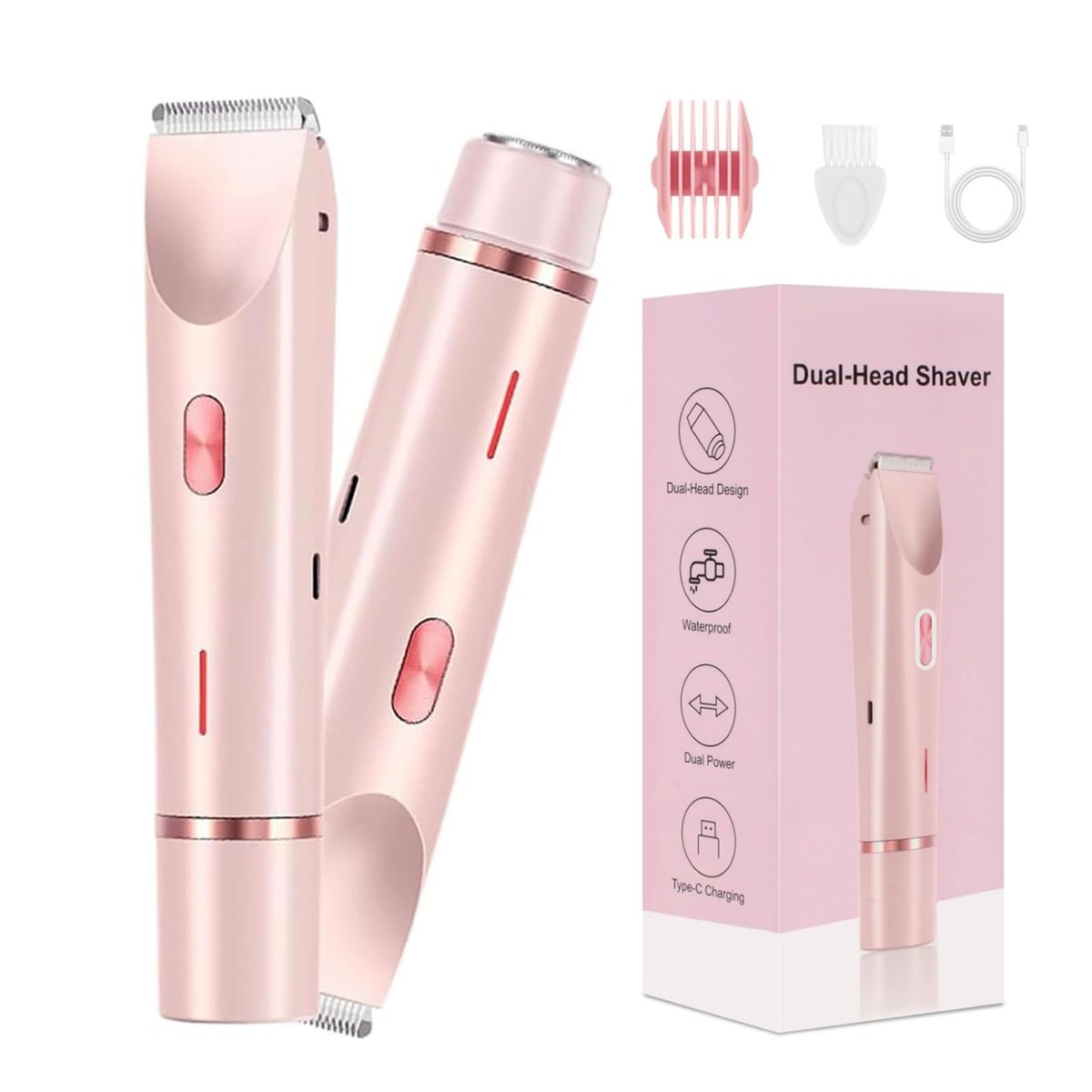 2-in-1 Dual Head Bikini Trimmer for Women – Cordless Waterproof Electric Shaver, Painless Hair Removal with Silky Glow Finish, Pink Avelisse