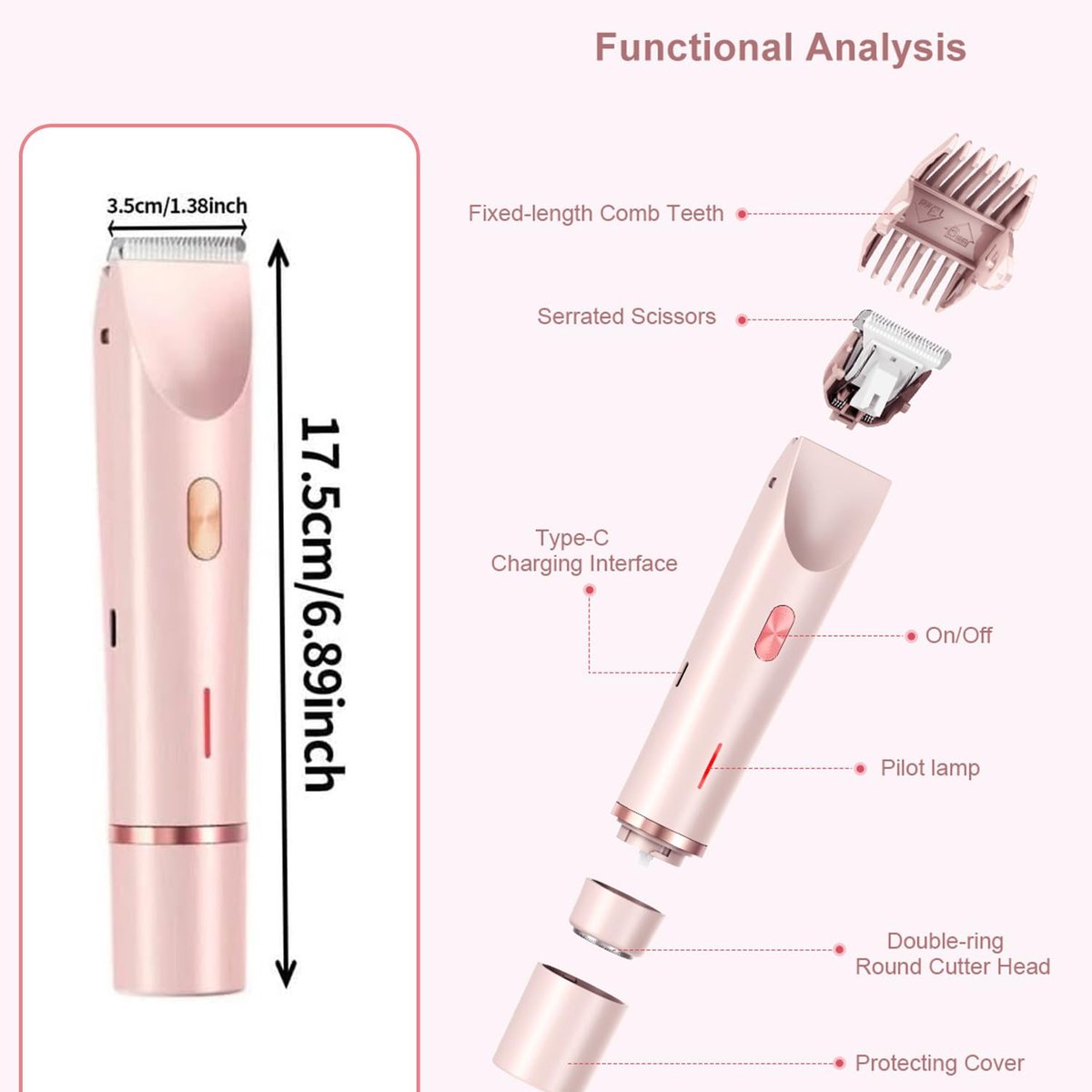 2-in-1 Dual Head Bikini Trimmer for Women – Cordless Waterproof Electric Shaver, Painless Hair Removal with Silky Glow Finish, Pink Avelisse
