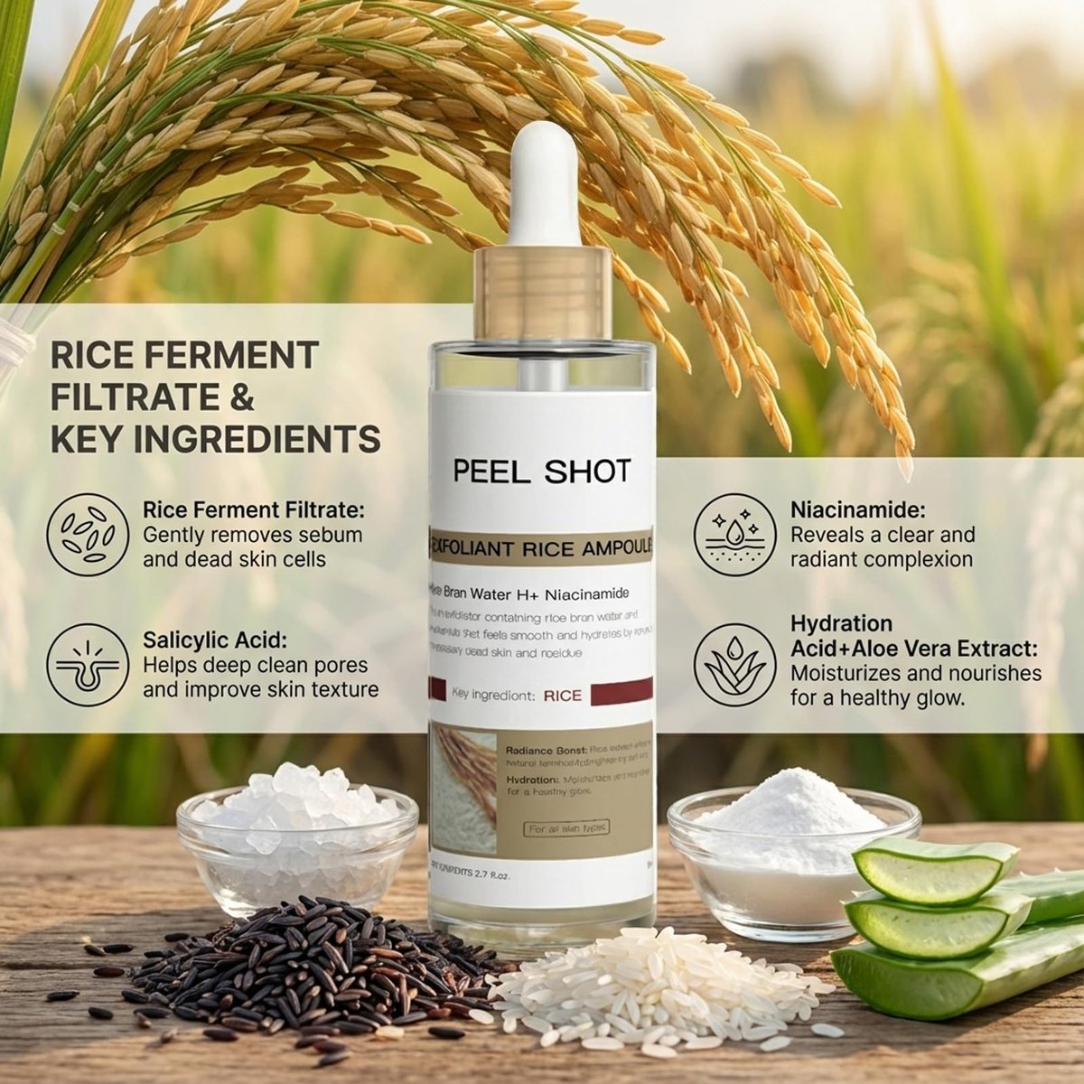 Peel Shot Glow Rice Ampoule Duo – Rice Exfoliating Serum for Dead Skin, Softens Cuticles & Brightens (2 x 2.7 Fl Oz, Off-White & Black) Avelisse