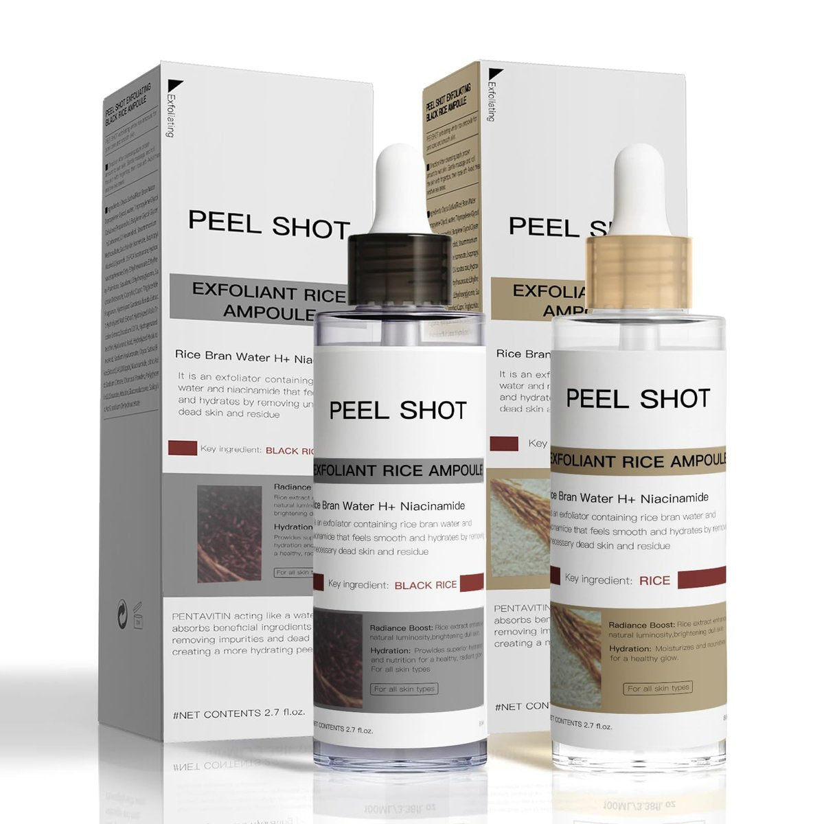 Peel Shot Glow Rice Ampoule Duo – Rice Exfoliating Serum for Dead Skin, Softens Cuticles & Brightens (2 x 2.7 Fl Oz, Off-White & Black) Avelisse