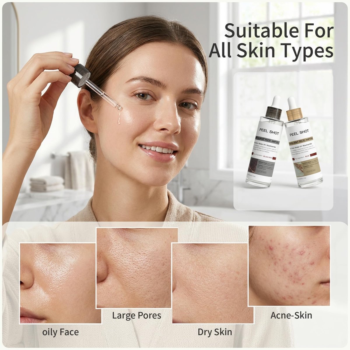 Peel Shot Glow Rice Ampoule Duo – Rice Exfoliating Serum for Dead Skin, Softens Cuticles & Brightens (2 x 2.7 Fl Oz, Off-White & Black) Avelisse