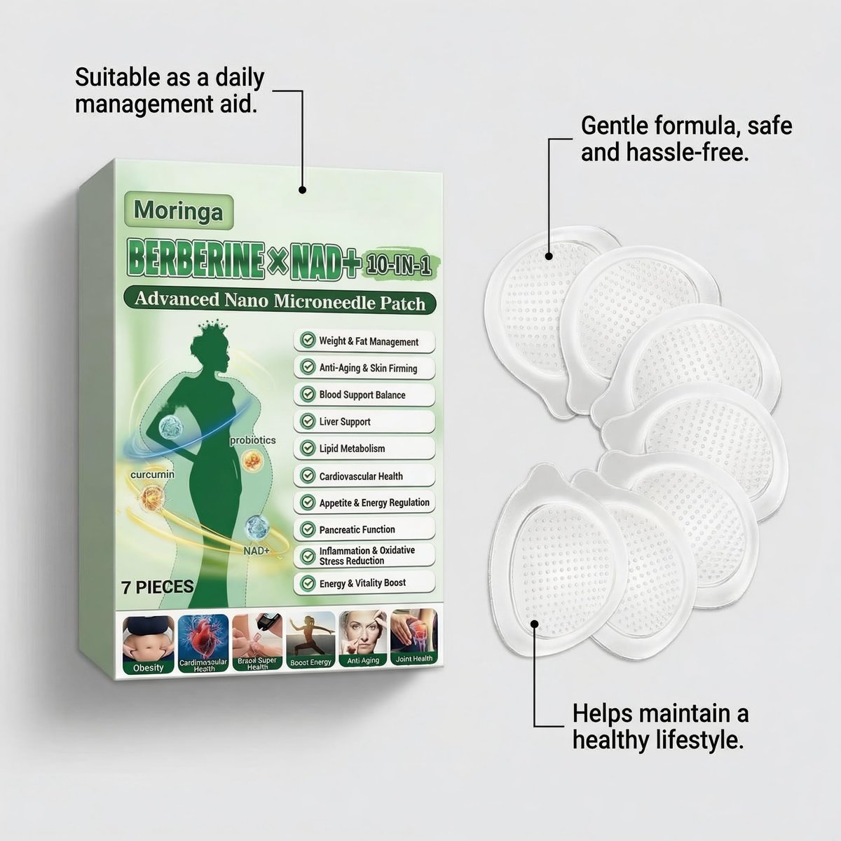 Spetime Berberine Patches Moringa 10-In-1 Advanced Nano Microdarts Patch - Firms Skin, Natural Ingredients, 3 Box Pack Avelisse