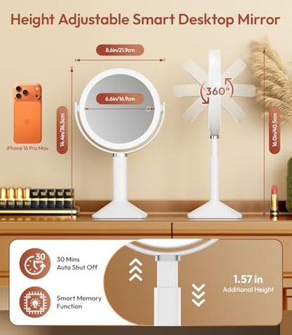 Glowtop Lighted Makeup Mirror with Lights, Height Adjustable 30X Magnifying Vanity Mirror with 4000mAh Rechargeable Battery & 3 Colors Dimming Light for Desktop Bathroom Bedroom Avelisse
