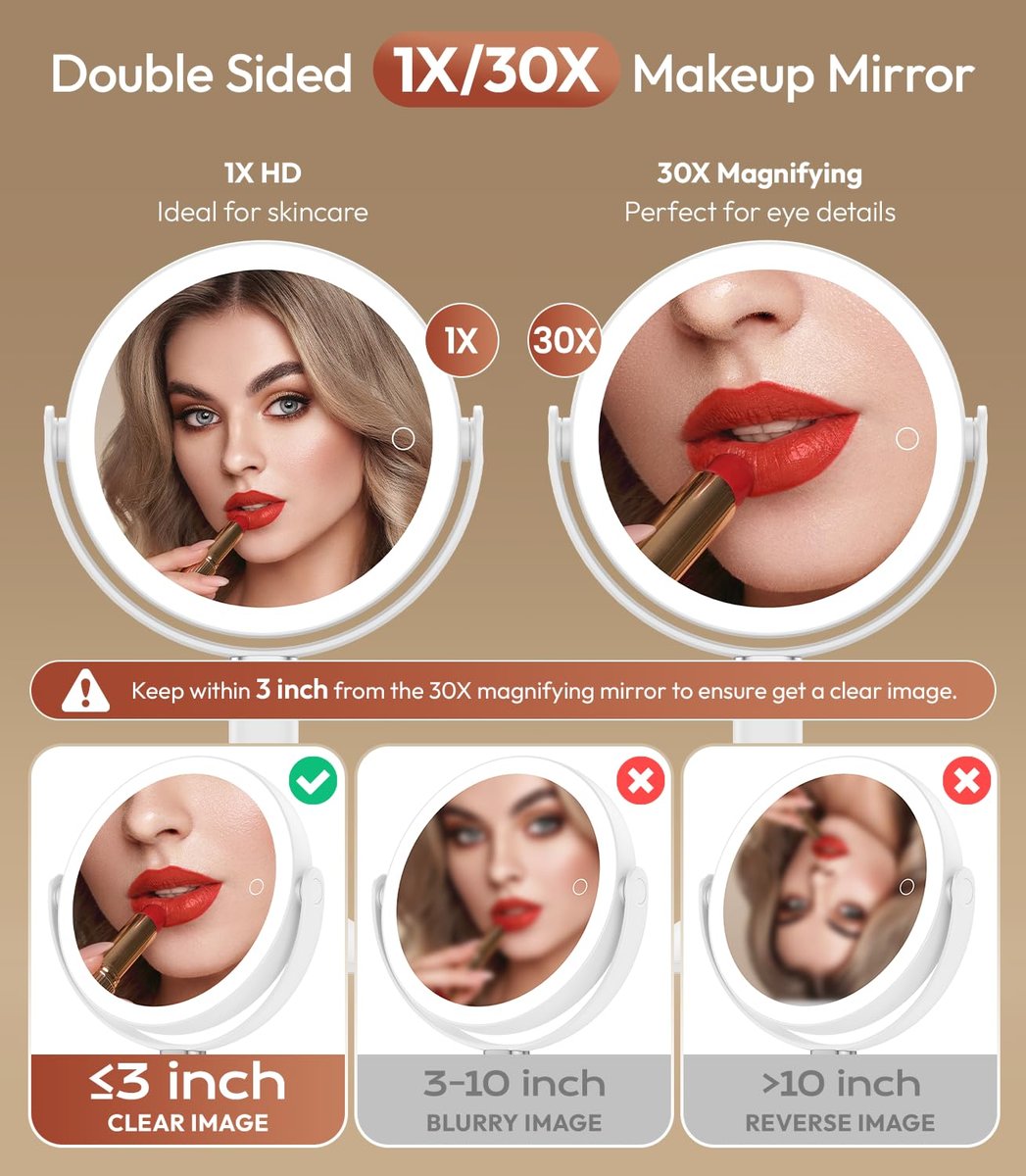Glowtop Lighted Makeup Mirror with Lights, Height Adjustable 30X Magnifying Vanity Mirror with 4000mAh Rechargeable Battery & 3 Colors Dimming Light for Desktop Bathroom Bedroom Avelisse