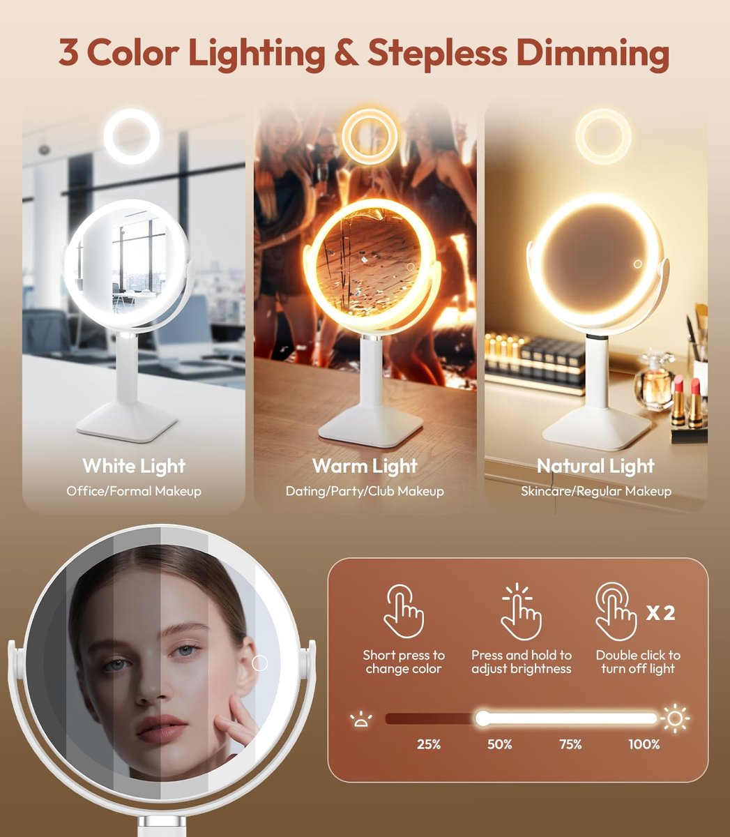 Glowtop Lighted Makeup Mirror with Lights, Height Adjustable 30X Magnifying Vanity Mirror with 4000mAh Rechargeable Battery & 3 Colors Dimming Light for Desktop Bathroom Bedroom Avelisse