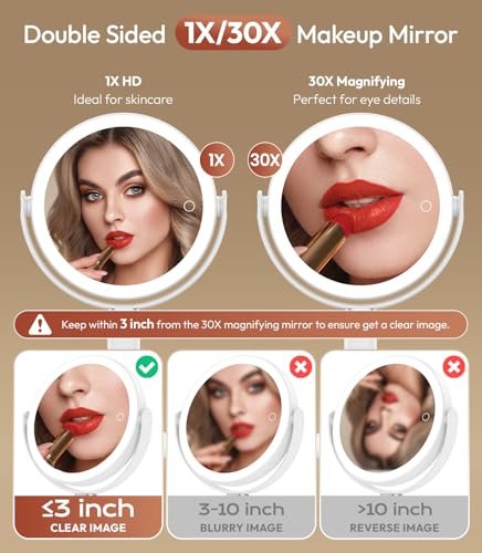 Glowtop Lighted Makeup Mirror with Lights, Height Adjustable 30X Magnifying Vanity Mirror with 4000mAh Rechargeable Battery & 3 Colors Dimming Light for Desktop Bathroom Bedroom Avelisse