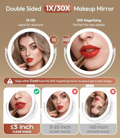 Glowtop Lighted Makeup Mirror with Lights, Height Adjustable 30X Magnifying Vanity Mirror with 4000mAh Rechargeable Battery & 3 Colors Dimming Light for Desktop Bathroom Bedroom Avelisse