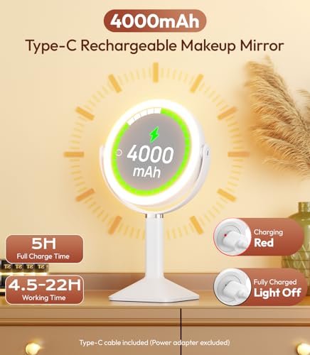 Glowtop Lighted Makeup Mirror with Lights, Height Adjustable 30X Magnifying Vanity Mirror with 4000mAh Rechargeable Battery & 3 Colors Dimming Light for Desktop Bathroom Bedroom Avelisse