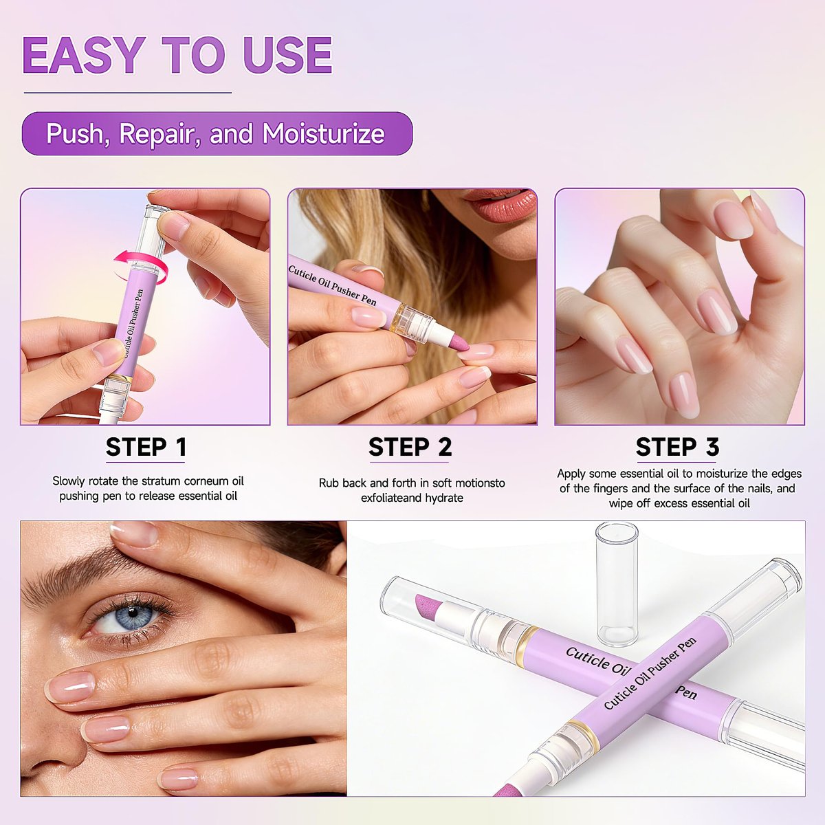 2-in-1 Cuticle Oil Pusher Pen - 2026 New Ceramic Cuticle Pen, No Leak Travel Size, Moisturizing & Brightening Keratin Removal Tool for Dry Damaged Nails (2 Pack, Purple) - görsel 7