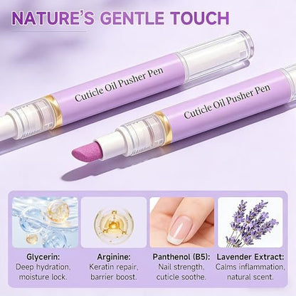 2-in-1 Cuticle Oil Pusher Pen - 2026 New Ceramic Cuticle Pen, No Leak Travel Size, Moisturizing & Brightening Keratin Removal Tool for Dry Damaged Nails (2 Pack, Purple)