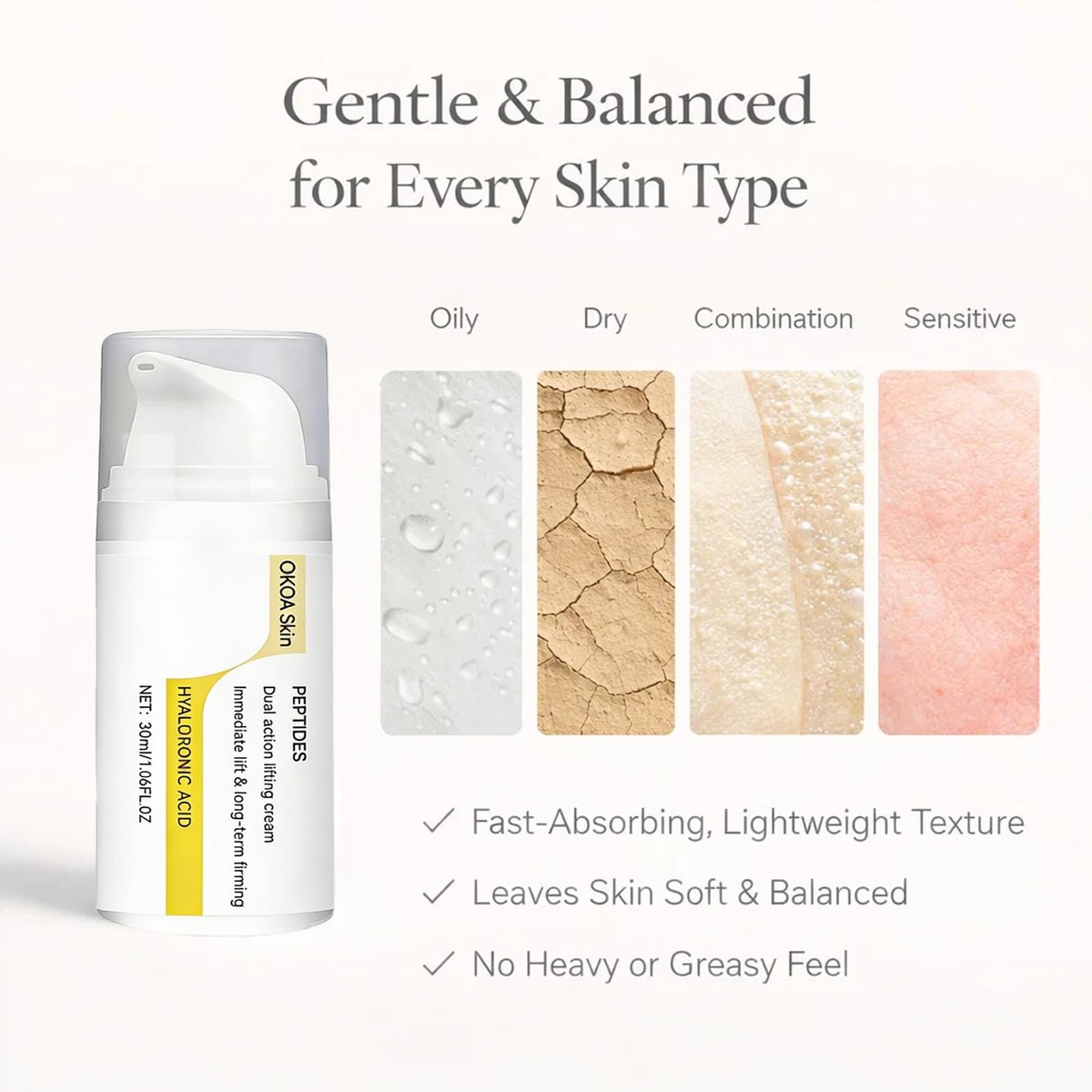 OKOA Skin Instant Lifting Cream – Dual Action with Peptides & Hyaluronic Acid for All Skin Types Avelisse