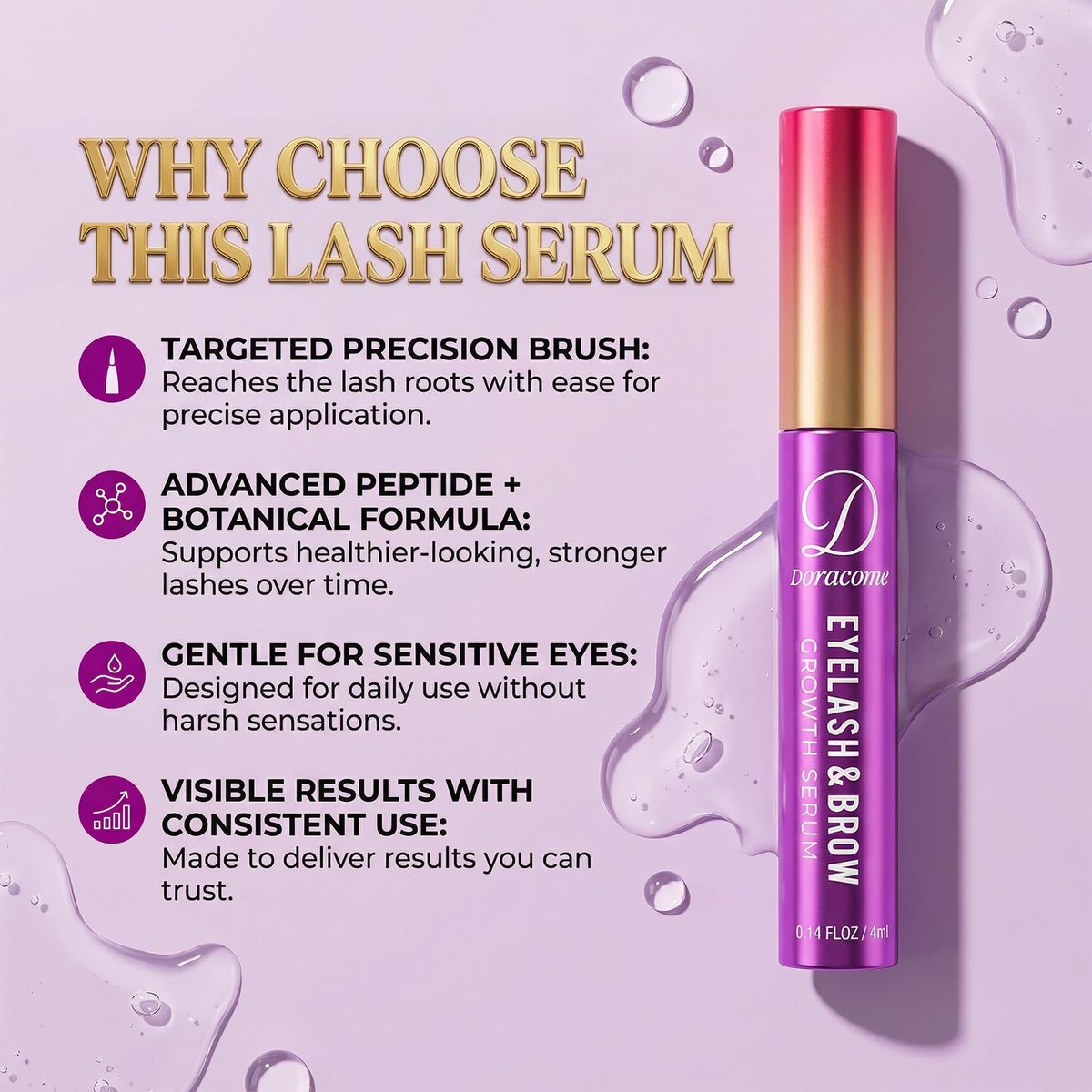 Doracome Eyelash Growth Serum with Peptides & Amino Acids - Lash and Brow Serum for Natural Lengthening & Strengthening, Resilience Support, Safe for Sensitive Skin, Lash Extension Aftercare - 3ml Avelisse