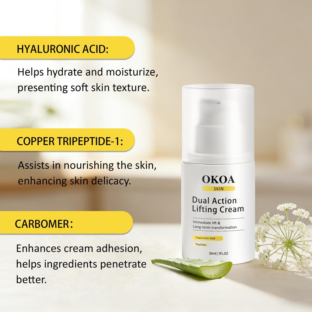 Noni Energy OKOA SKIN Dual Action Lifting Cream - Instant Firming with Peptides & Hyaluronic Acid, Hydrating Moisturizer, All Skin Types, 1.05oz Avelisse