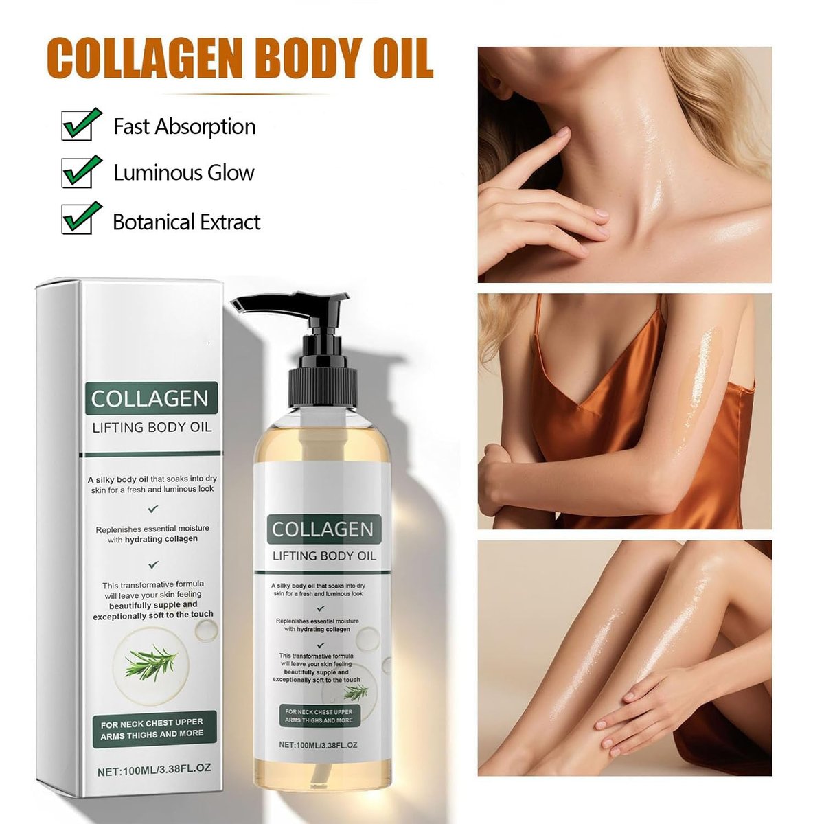Hydrating Collagen Oil for Body & After Shower | Visible Anti-Aging Moisturizer for Women & Men, Lightweight Non-Greasy, Helps Soften Crepey Skin, 3.38 Fl Oz Avelisse