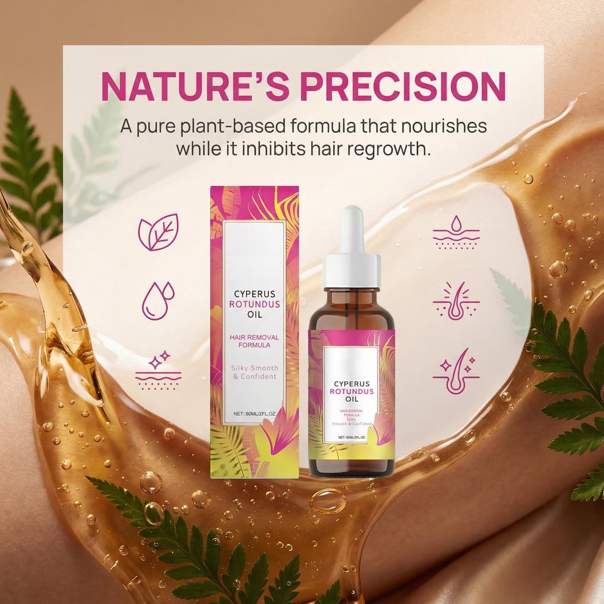 Natural Hair Removal Oil & Inhibitor – Cyperus Rotundus Oil to Slow Body Hair Growth for Women & Men, Soothes Skin, 60ml, All Skin Types Avelisse