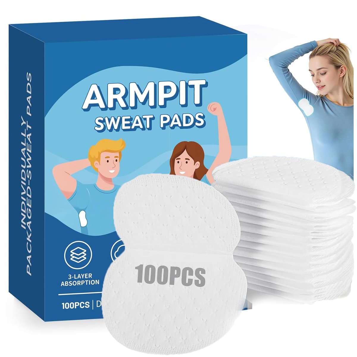 Ayland Armpit Sweat Pads, 100 Pack Disposable Underarm Sweat Pads for Women and Men, Fight Hyperhidrosis, Non-Visible Comfort Protection Avelisse