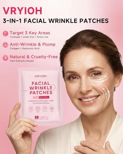 Vryioh 3-IN-1 Forehead, Smile Line & Under Eye Wrinkle Patches – Overnight Treatment with Hyaluronic Acid & Collagen, 60 Patches Avelisse