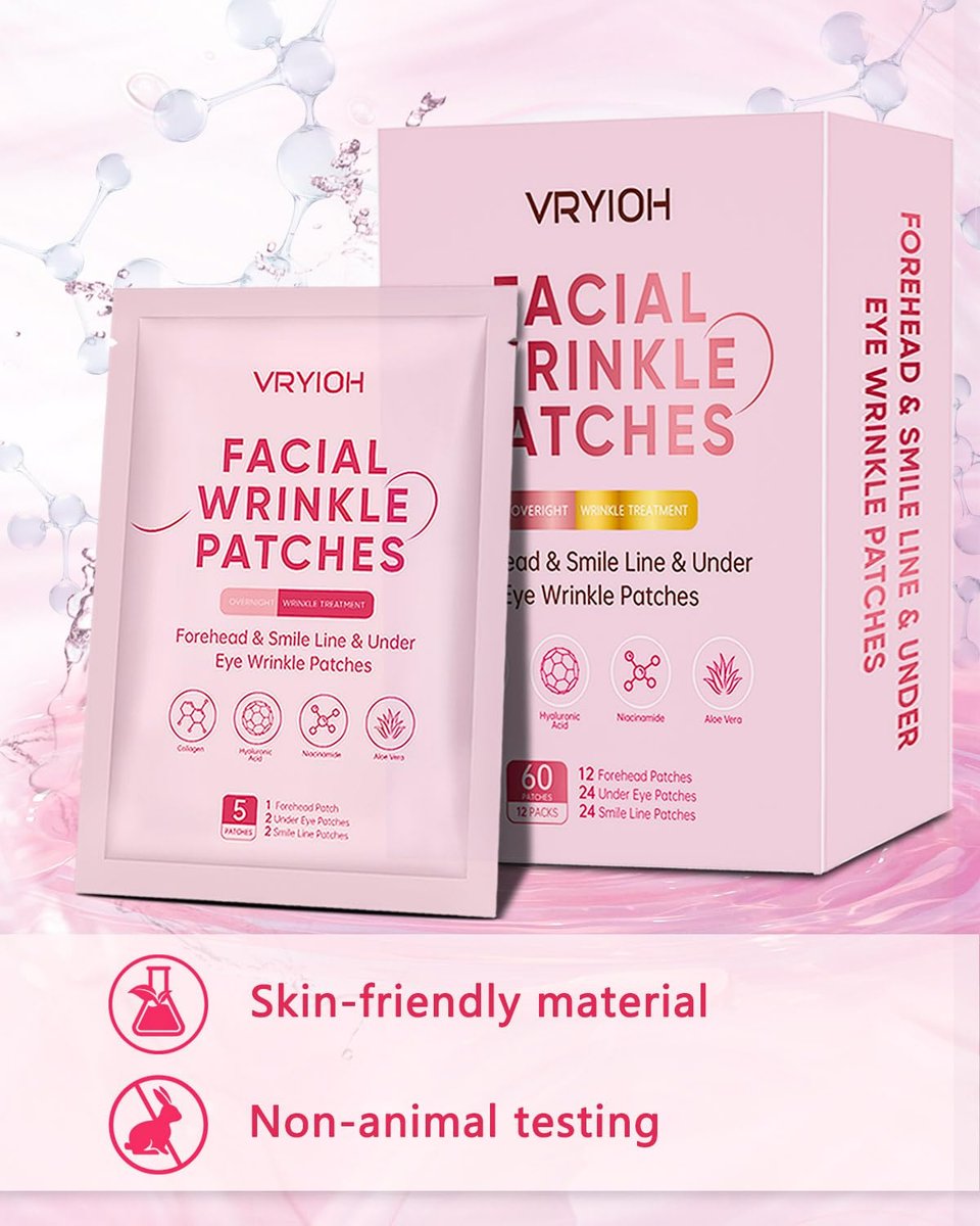 Vryioh 3-IN-1 Forehead, Smile Line & Under Eye Wrinkle Patches – Overnight Treatment with Hyaluronic Acid & Collagen, 60 Patches Avelisse