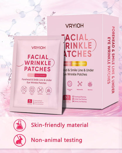 Vryioh 3-IN-1 Forehead, Smile Line & Under Eye Wrinkle Patches – Overnight Treatment with Hyaluronic Acid & Collagen, 60 Patches Avelisse