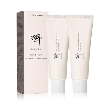 Relief Sun Organic Korean Sunscreen SPF50+ PA++++ Rice & Probiotics - 2 Pack (1.69 fl oz total) - Nourishing UV Protection for All Skin Types Avelisse