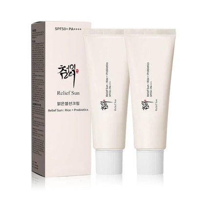 Relief Sun Organic Korean Sunscreen SPF50+ PA++++ Rice & Probiotics - 2 Pack (1.69 fl oz total) - Nourishing UV Protection for All Skin Types Avelisse