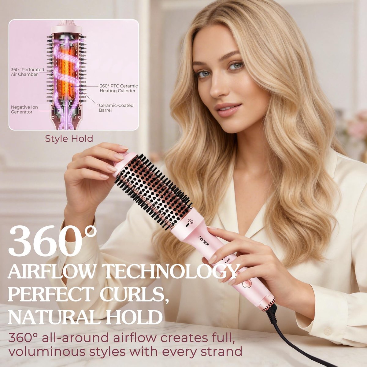 ABNER Thermal Ionic Brush – 1.5 Inch Heated Round Brush for Blowout Look, Tourmaline Ceramic with Negative Ions, Dual Voltage, Multiple Temperature Settings (Pink) Avelisse