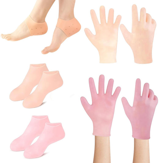 6 Pairs Silicone Moisturizing Socks Gloves & Heels Set for Dry Cracked Feet and Hands, Anti Slip Soft Women Spa Pedicure Socks for Foot Hand Softening and Hydrating