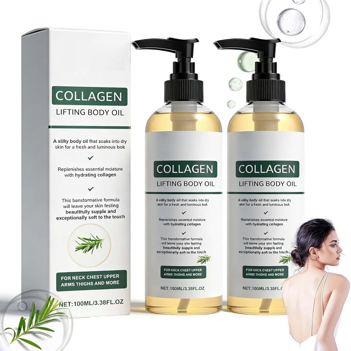 TFSUDI Hydrating Collagen Body Oil After Shower - 2 Packs, Lightweight Non-Greasy Lifting Oil for Women & Men, 3.38 Fl Oz Each Avelisse