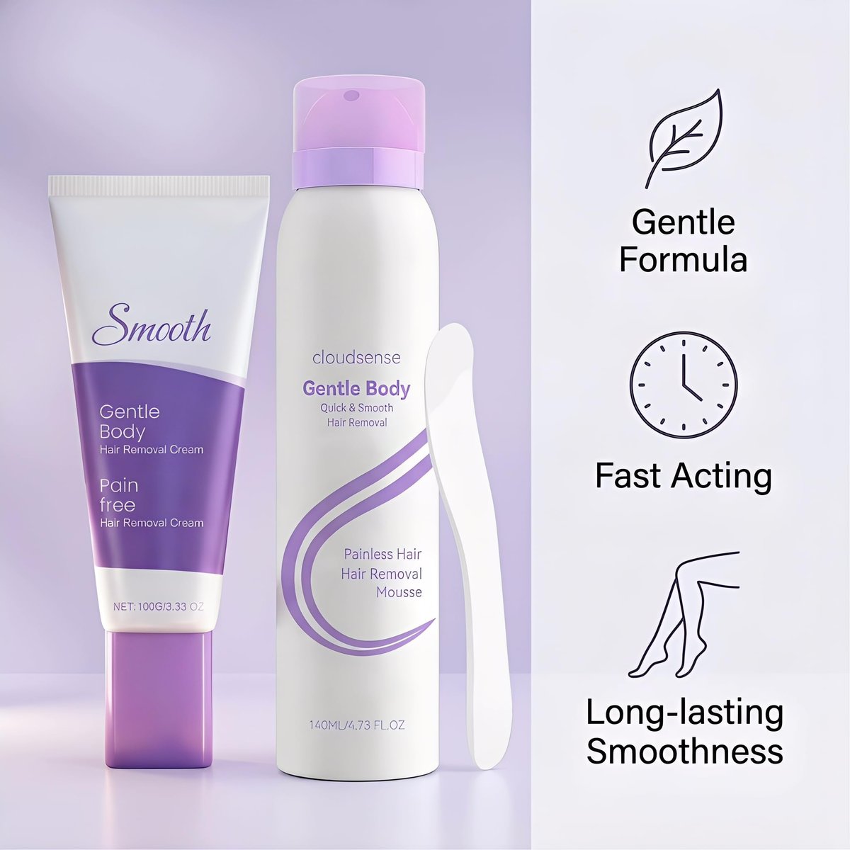 Hair Removal Cream & Mousse Combo Set – Fast-Acting Gentle Depilatory for Women & Men, 100g Tube + 140ml Foam with Scraper, Smooth Spray Avelisse