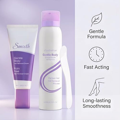 Hair Removal Cream & Mousse Combo Set – Fast-Acting Gentle Depilatory for Women & Men, 100g Tube + 140ml Foam with Scraper, Smooth Spray Avelisse