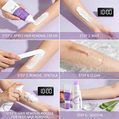 Hair Removal Cream & Mousse Combo Set – Fast-Acting Gentle Depilatory for Women & Men, 100g Tube + 140ml Foam with Scraper, Smooth Spray Avelisse