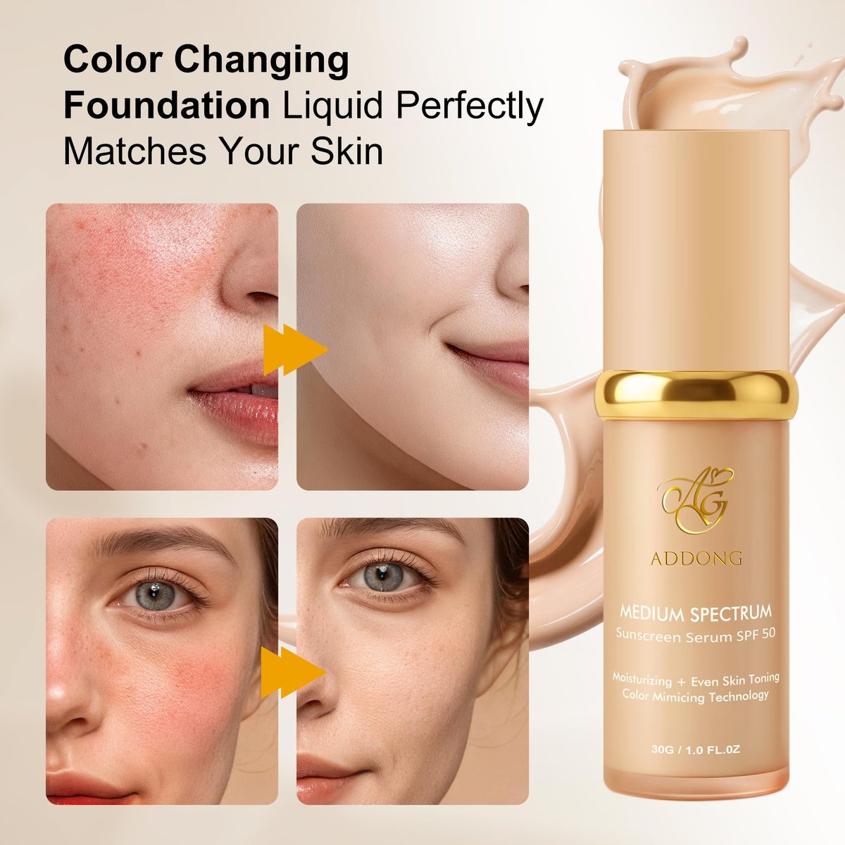 4-in-1 Color Changing Foundation with SPF 50 - Medium Spectrum Hydrating Liquid Foundation & Concealer, Long-Lasting Waterproof Makeup, Medium-Full Coverage for All Skin Types (2-Pack) Avelisse