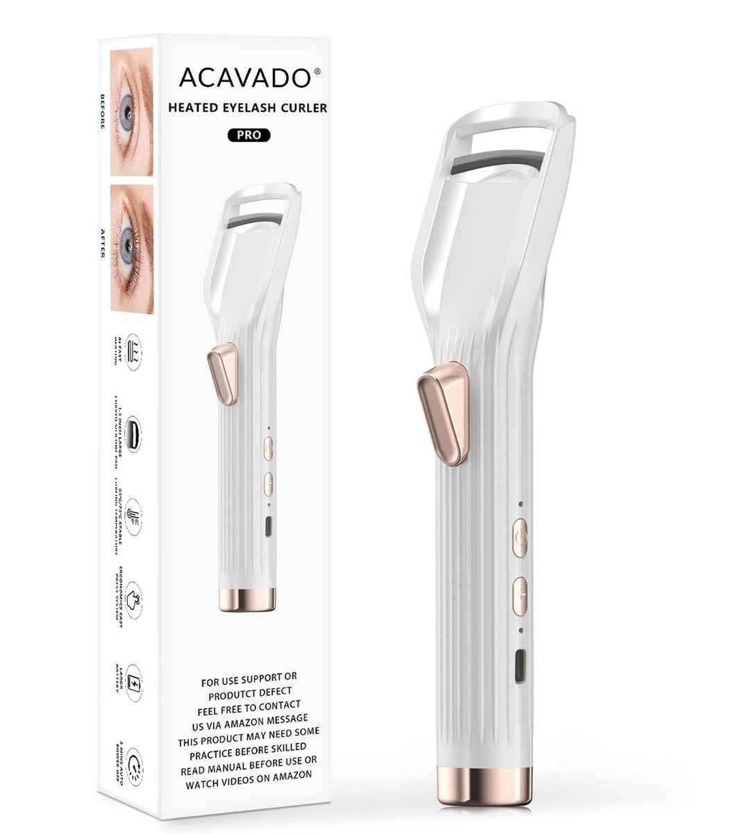 Acavado Heated Eyelash Curler Premium PRO - Fast Heat Up in 8s, 24H Long Lasting, Rechargeable Electric Eyelash Curler with Type-C, Innovative L Silicone, 2 Heat Modes, Anti-Burn Eyelid, White Avelisse
