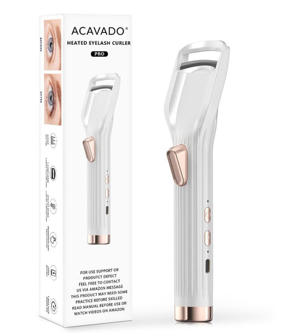 Acavado Heated Eyelash Curler Premium PRO - Fast Heat Up in 8s, 24H Long Lasting, Rechargeable Electric Eyelash Curler with Type-C, Innovative L Silicone, 2 Heat Modes, Anti-Burn Eyelid, White Avelisse