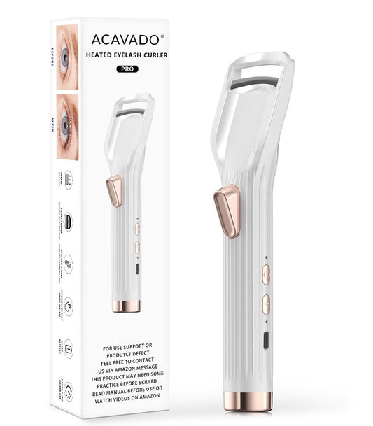 Acavado Heated Eyelash Curler Premium PRO - Fast Heat Up in 8s, 24H Long Lasting, Rechargeable Electric Eyelash Curler with Type-C, Innovative L Silicone, 2 Heat Modes, Anti-Burn Eyelid, White Avelisse