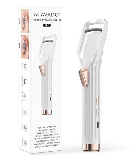 Acavado Heated Eyelash Curler Premium PRO - Fast Heat Up in 8s, 24H Long Lasting, Rechargeable Electric Eyelash Curler with Type-C, Innovative L Silicone, 2 Heat Modes, Anti-Burn Eyelid, White Avelisse