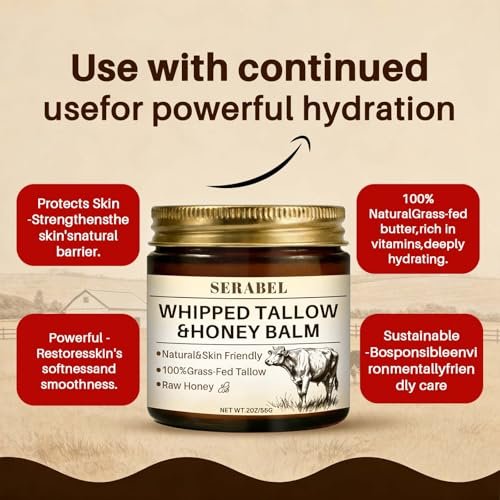 Serabel Whipped Tallow & Honey Balm - Grass-Fed Beef Tallow Moisturizer with Raw Honey for Deep Hydration, Dry & Sensitive Skin Care, 2 Oz Avelisse