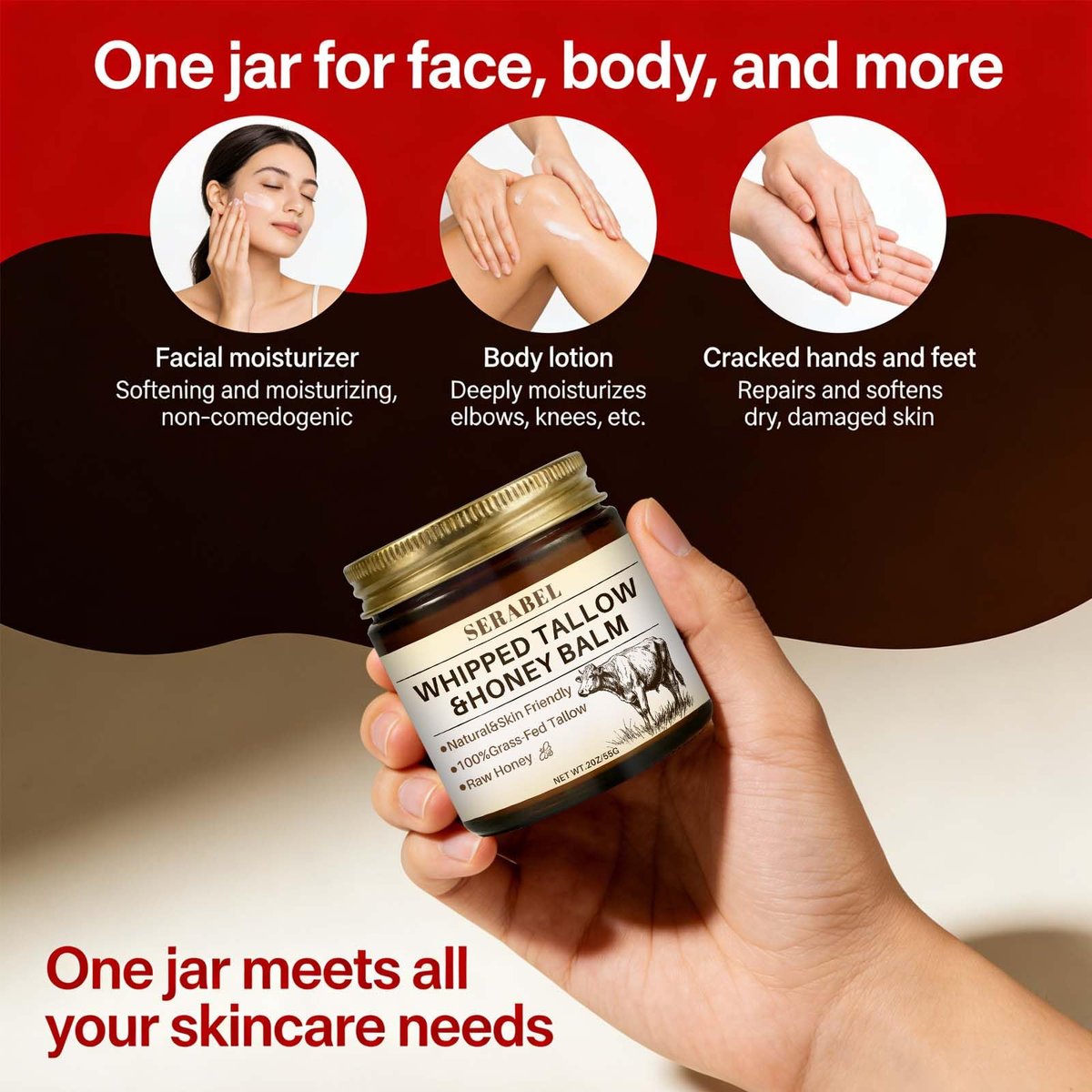 Serabel Whipped Tallow & Honey Balm - Grass-Fed Beef Tallow Moisturizer with Raw Honey for Deep Hydration, Dry & Sensitive Skin Care, 2 Oz Avelisse