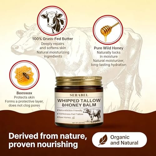 Serabel Whipped Tallow & Honey Balm - Grass-Fed Beef Tallow Moisturizer with Raw Honey for Deep Hydration, Dry & Sensitive Skin Care, 2 Oz Avelisse