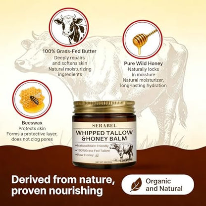 Serabel Whipped Tallow & Honey Balm - Grass-Fed Beef Tallow Moisturizer with Raw Honey for Deep Hydration, Dry & Sensitive Skin Care, 2 Oz Avelisse