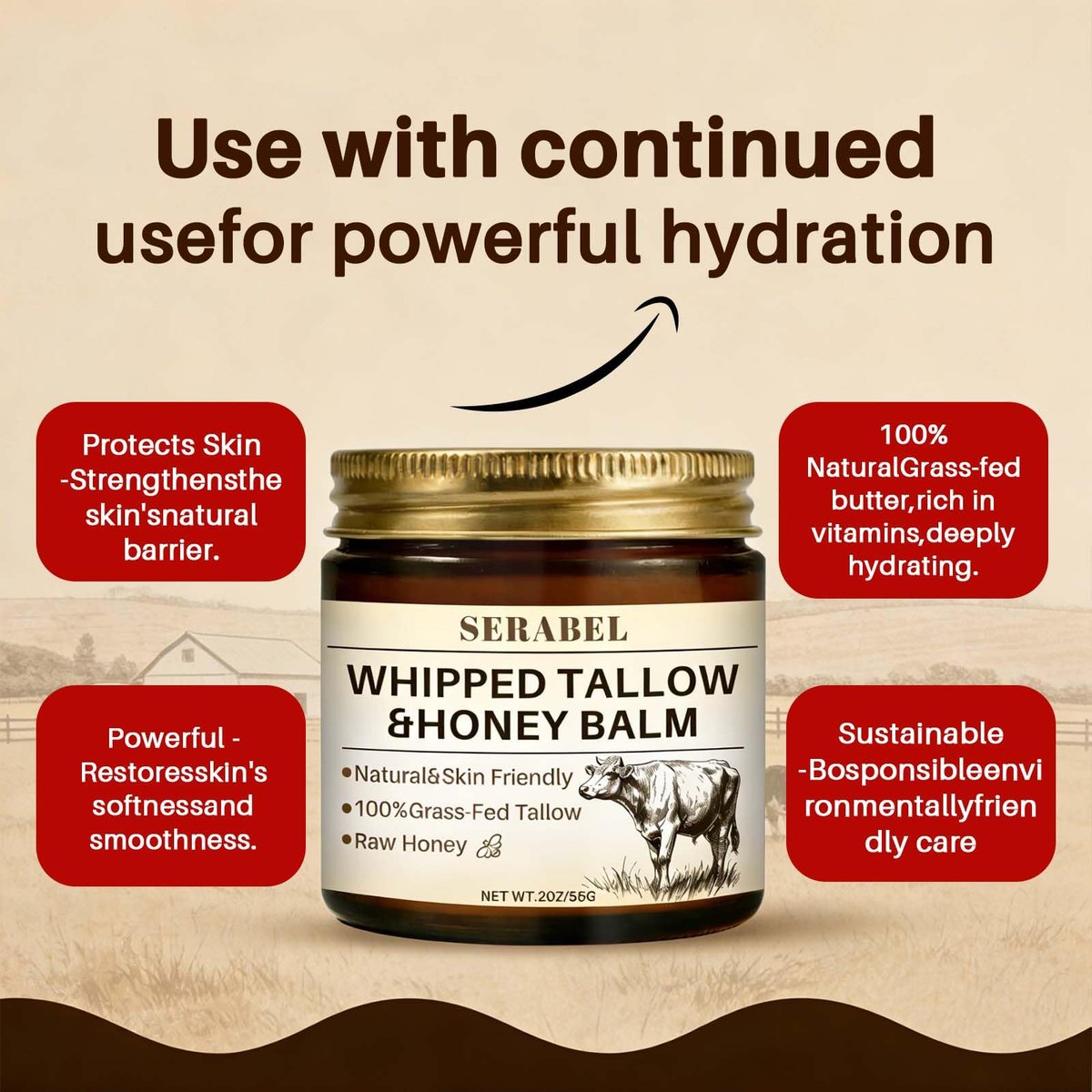 Serabel Whipped Tallow & Honey Balm - Grass-Fed Beef Tallow Moisturizer with Raw Honey for Deep Hydration, Dry & Sensitive Skin Care, 2 Oz Avelisse