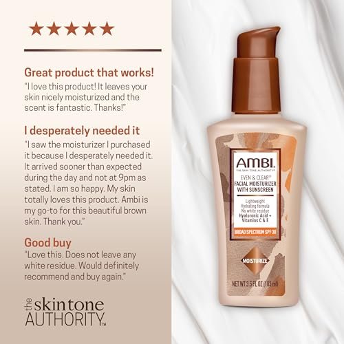 AMBI Even & Clear Facial Moisturizer SPF 30 – Daily Face Lotion for Uneven Skin Tone with Hyaluronic Acid, Vitamins C & E, Lightweight Sunscreen, No White Cast, For All Skin Types, 3.5 Fl Oz Avelisse