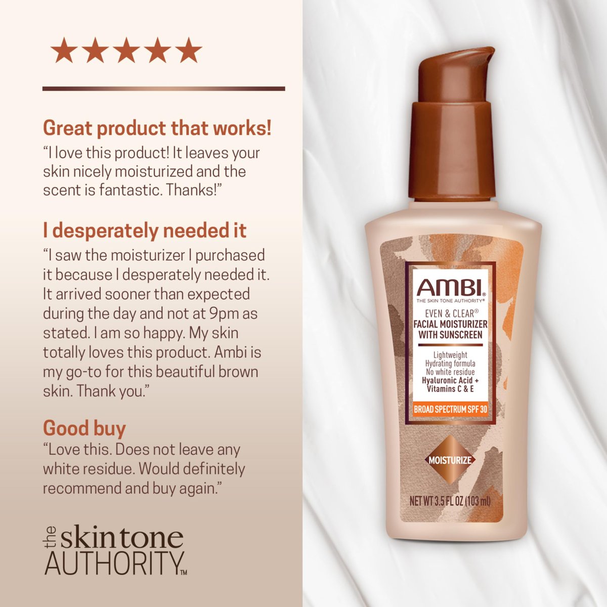 AMBI Even & Clear Facial Moisturizer SPF 30 – Daily Face Lotion for Uneven Skin Tone with Hyaluronic Acid, Vitamins C & E, Lightweight Sunscreen, No White Cast, For All Skin Types, 3.5 Fl Oz Avelisse