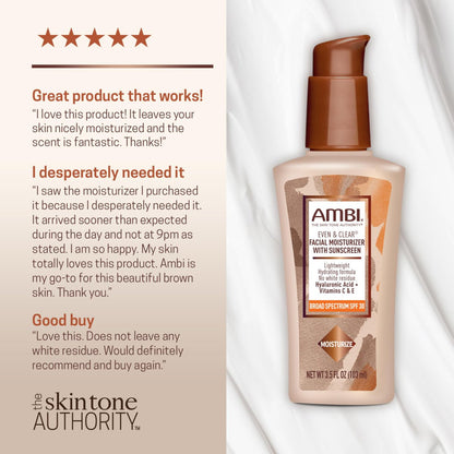 AMBI Even & Clear Facial Moisturizer SPF 30 – Daily Face Lotion for Uneven Skin Tone with Hyaluronic Acid, Vitamins C & E, Lightweight Sunscreen, No White Cast, For All Skin Types, 3.5 Fl Oz Avelisse