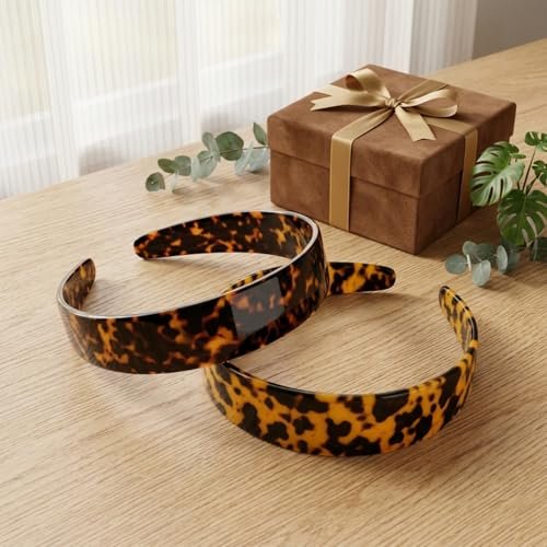 2-Pack Thick Tortoise Shell Headbands with Teeth – 1.5in Wide No-Slip Acetate Hairbands for Women, Retro Fashion Style for Daily Use (Dark & Yellowish Tortoiseshell) Avelisse