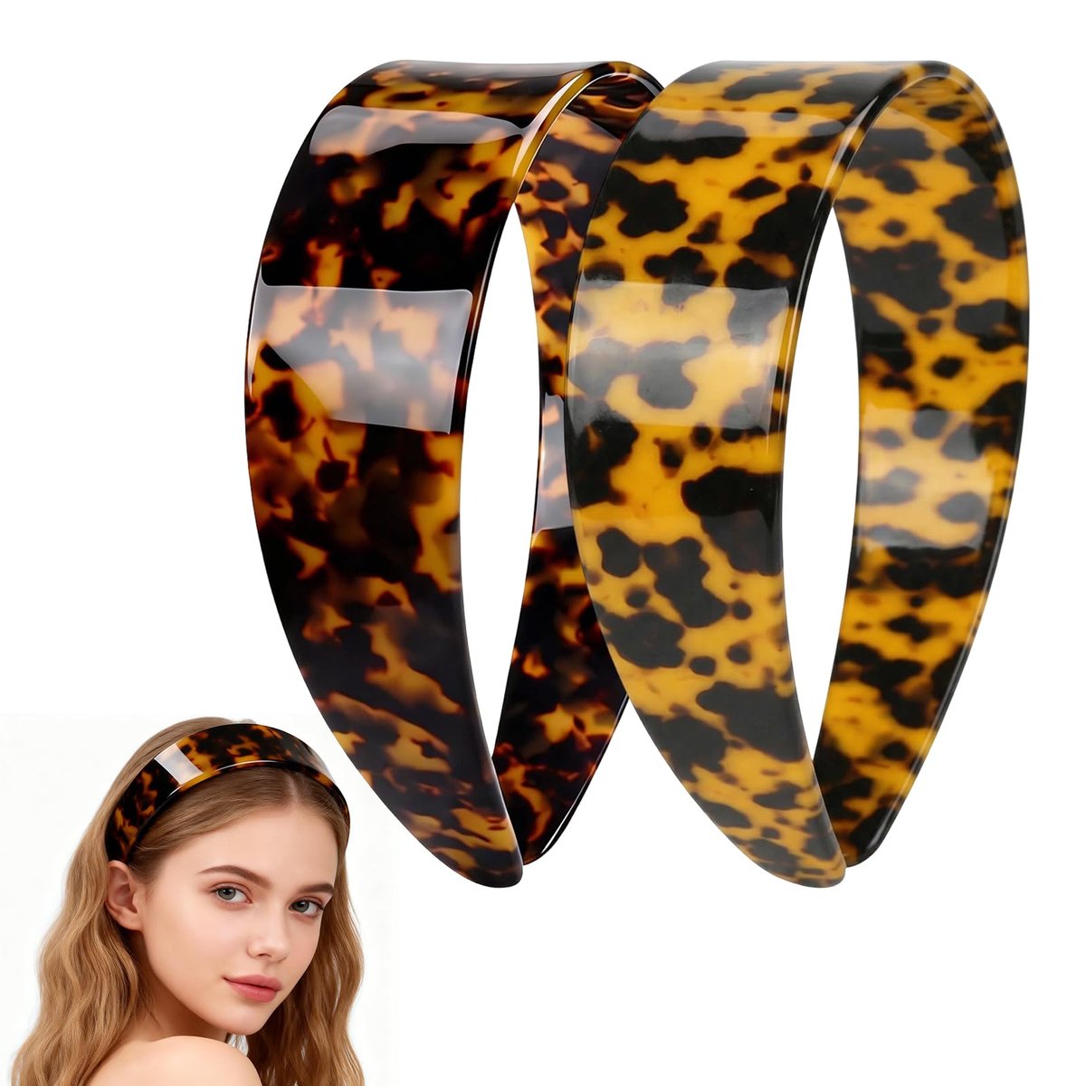 2-Pack Thick Tortoise Shell Headbands with Teeth – 1.5in Wide No-Slip Acetate Hairbands for Women, Retro Fashion Style for Daily Use (Dark & Yellowish Tortoiseshell) Avelisse